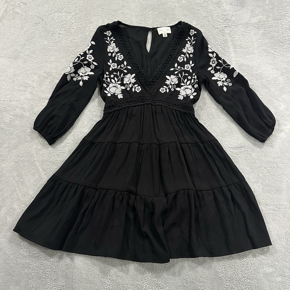 Jun & Ivy Midi Dress Women XS Black White Fit Flare Floral Long Sleeve Boho